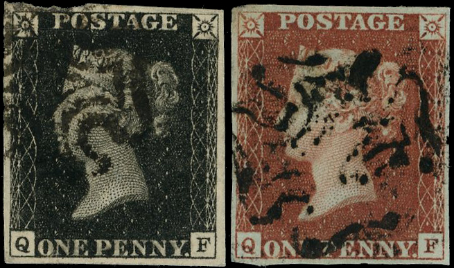 1840 1d black and 1841 1d red-brown, plate 10 (QF), matched pair