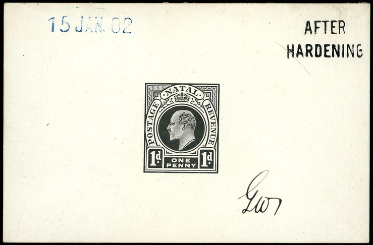 1902 Die Proof of 1d completed design in black on glazed card 93 x 60mm, dated 15 JAN. 02 in blue, marked AFTER HARDENING...