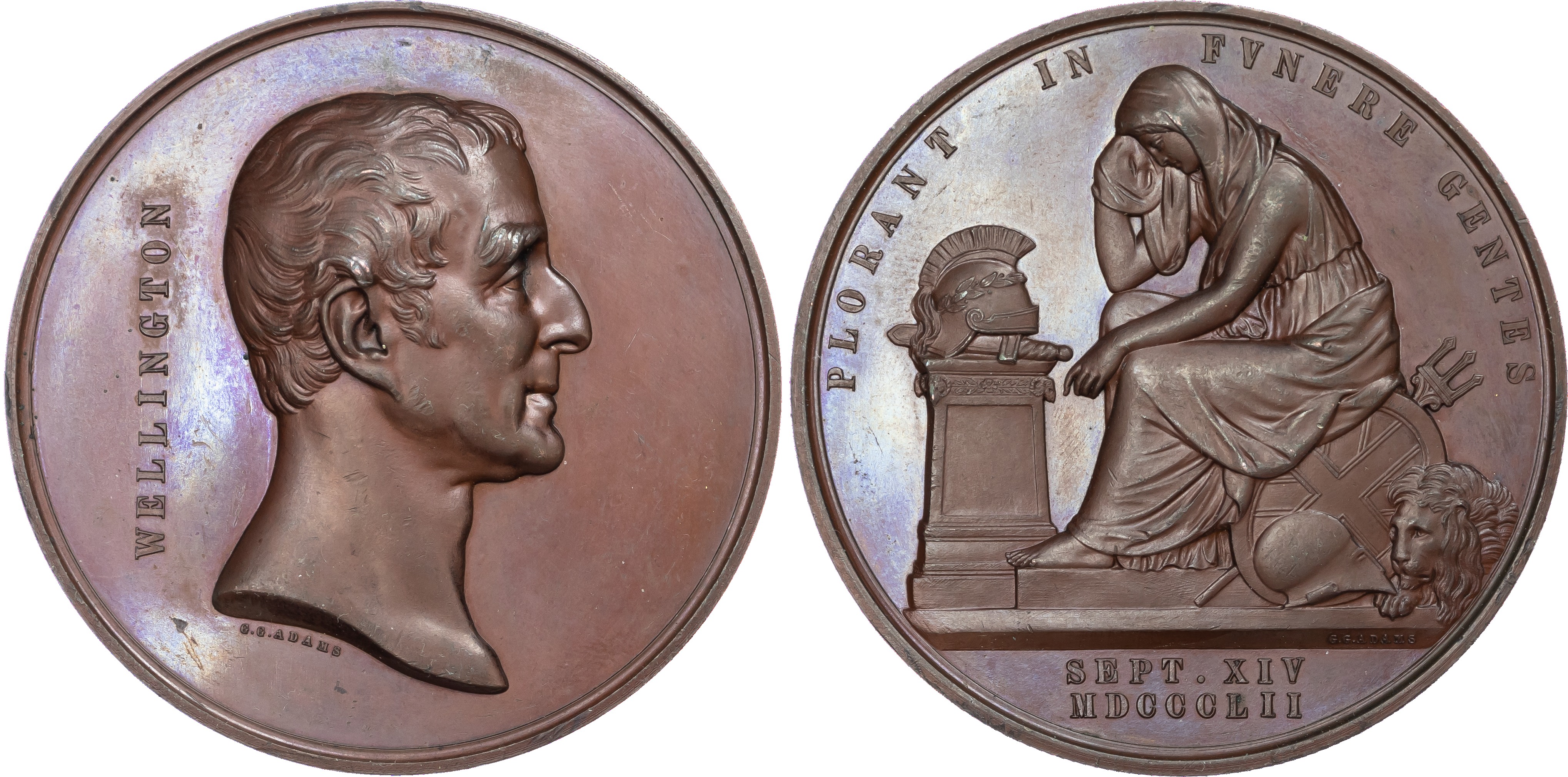Death of the Duke of Wellington, copper medal (58mm/133.39gm) 1852 by G. G. Adams.