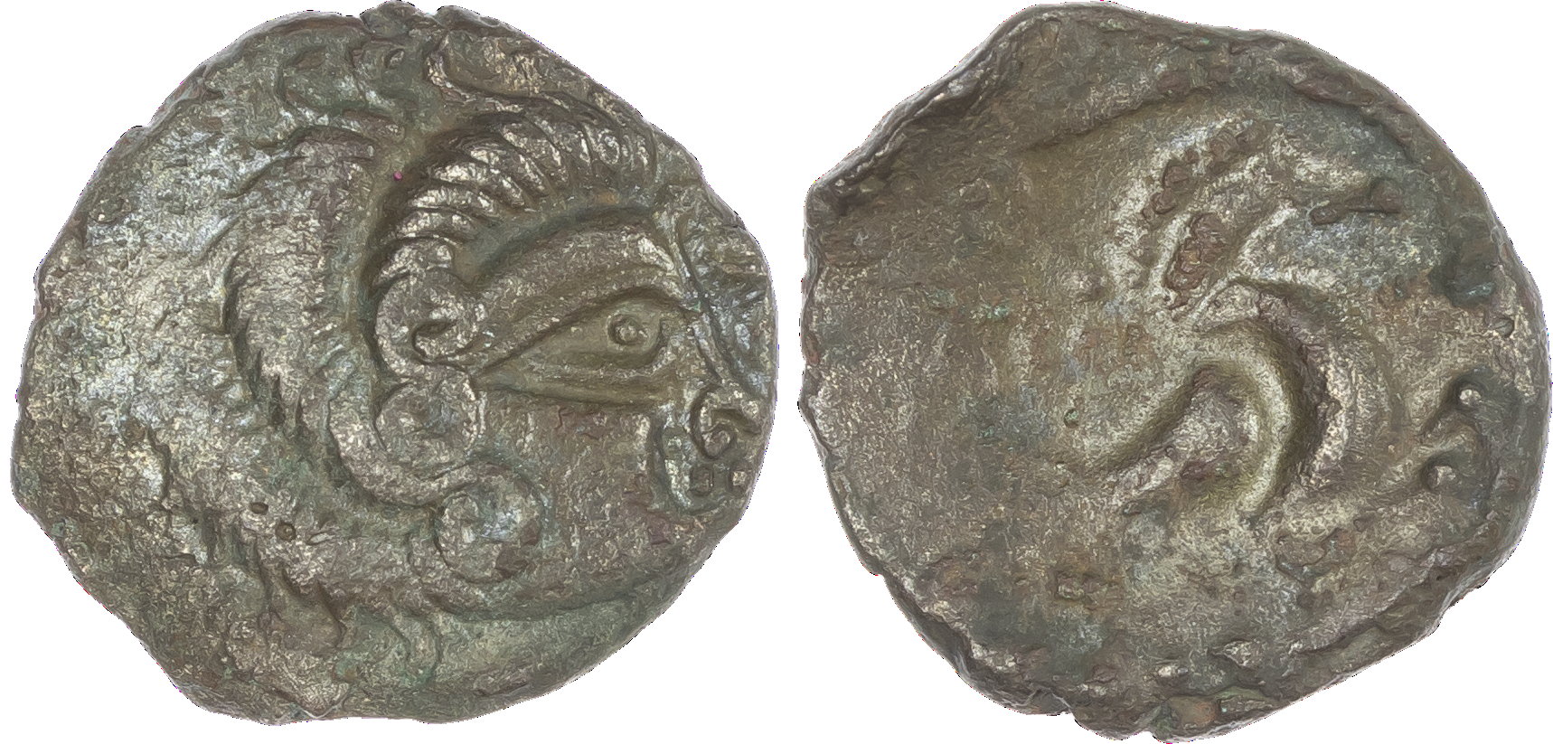 North West Gaul, Coriosolites (c. 100-50 BC) BI Stater, 5.74g. Stylised male head right, hair of large spiral curls. Rev.
