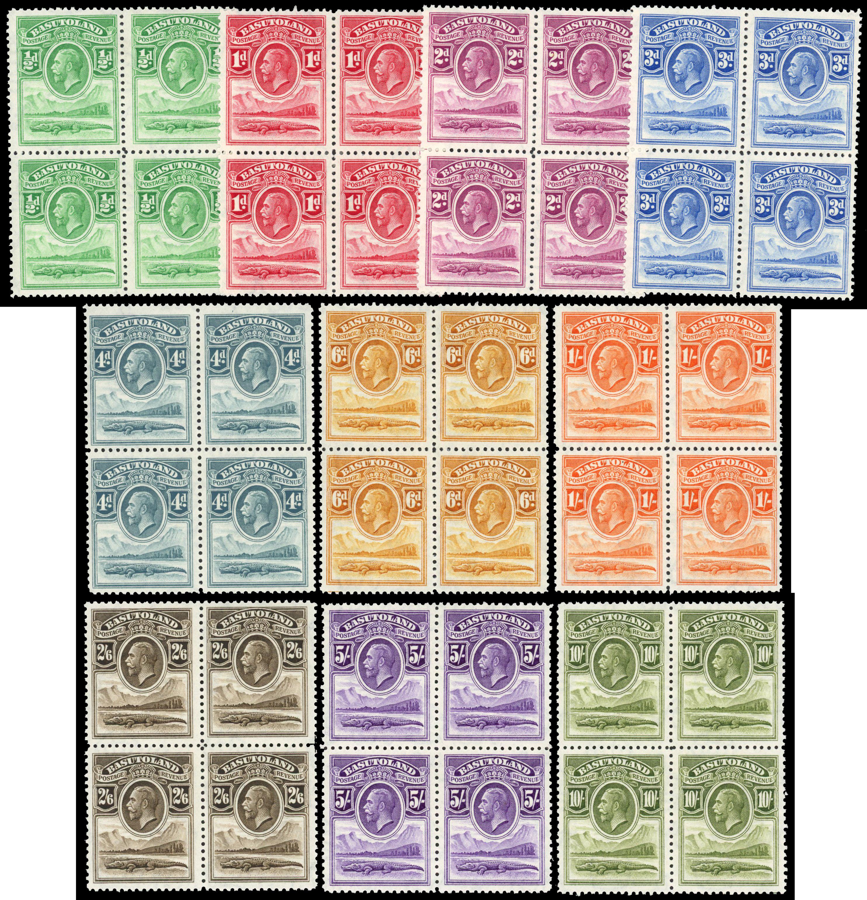 Basutoland 1933 set of 10 to 10s blocks of 4