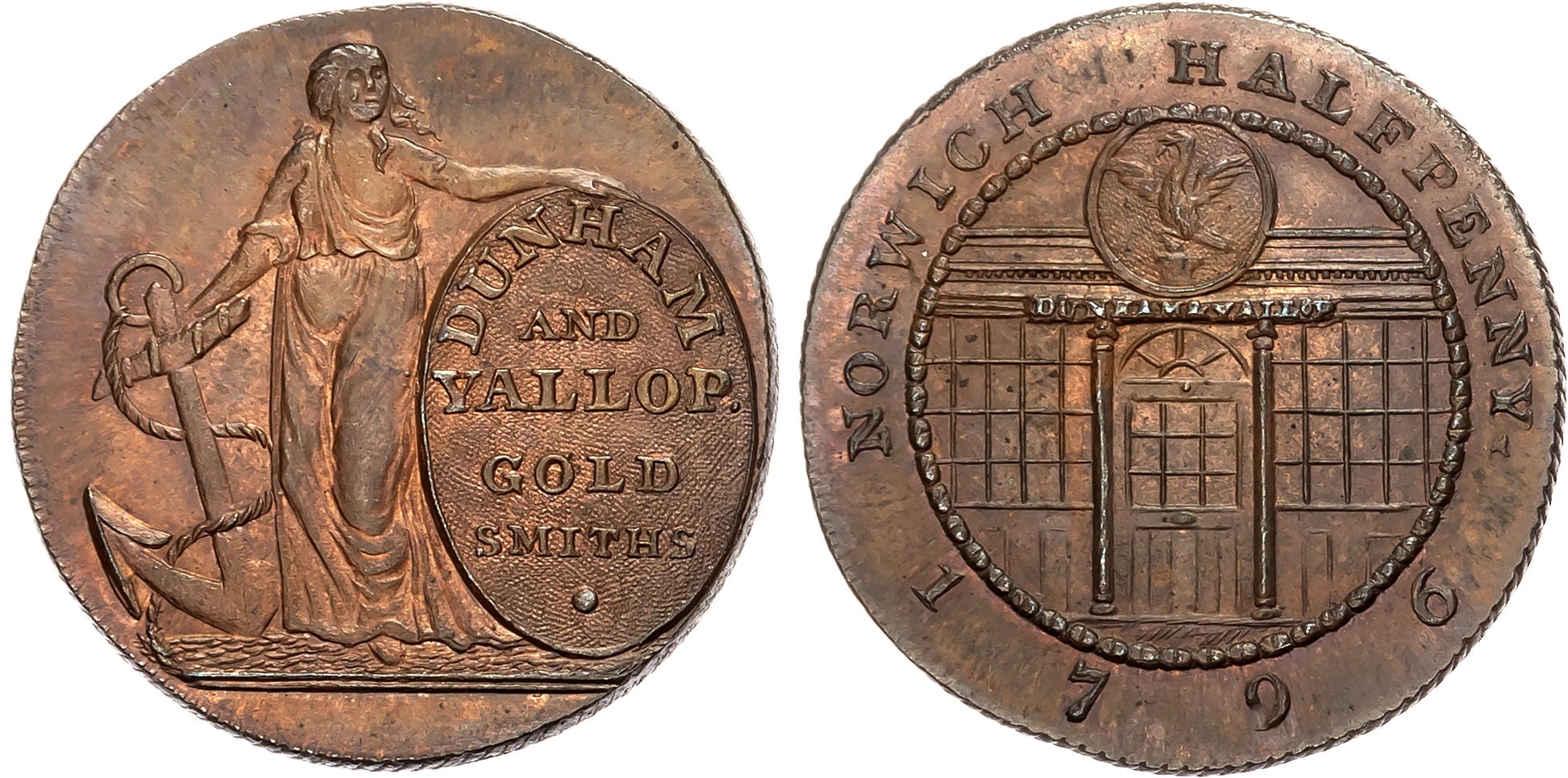 Norf. Norwich , Dunham & Yallop Halfpenny 1796, Hope standing holding anchor and advertisement, rev. Shop front, edge di …