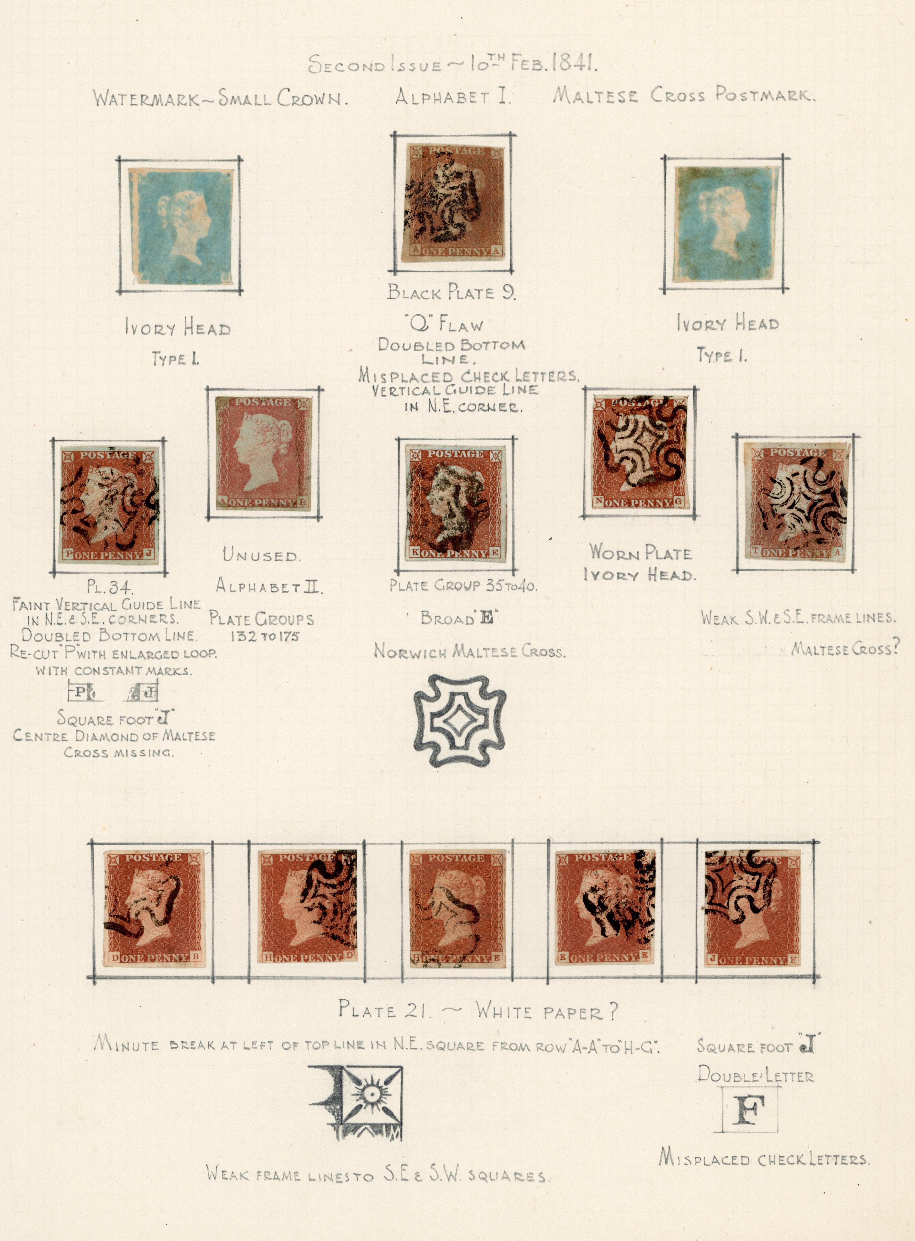 GB 1841 1d red plated collection on leaves