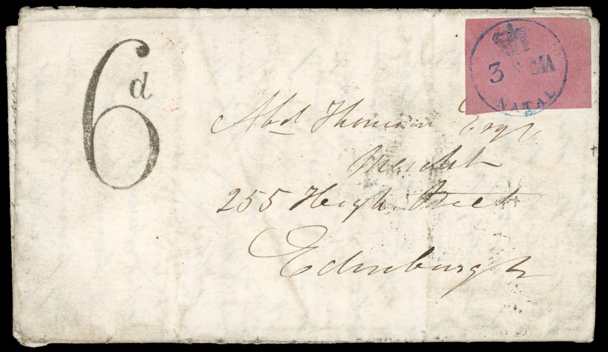 Natal Embossed 3d rose 1858 cover to Edinburgh with original contents
