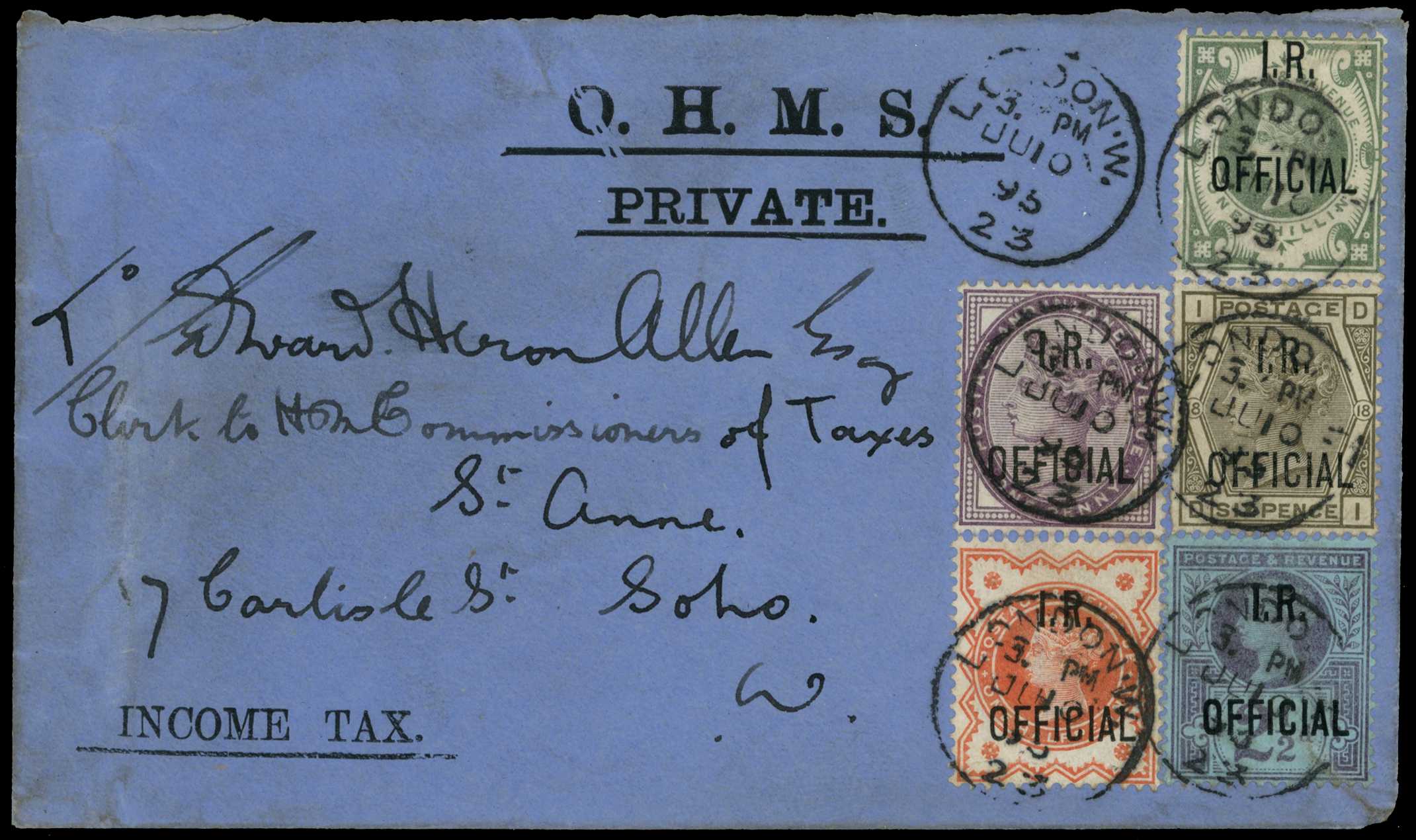 POSTAL HISTORY: 1895 blue O.H.M.S. cover to...