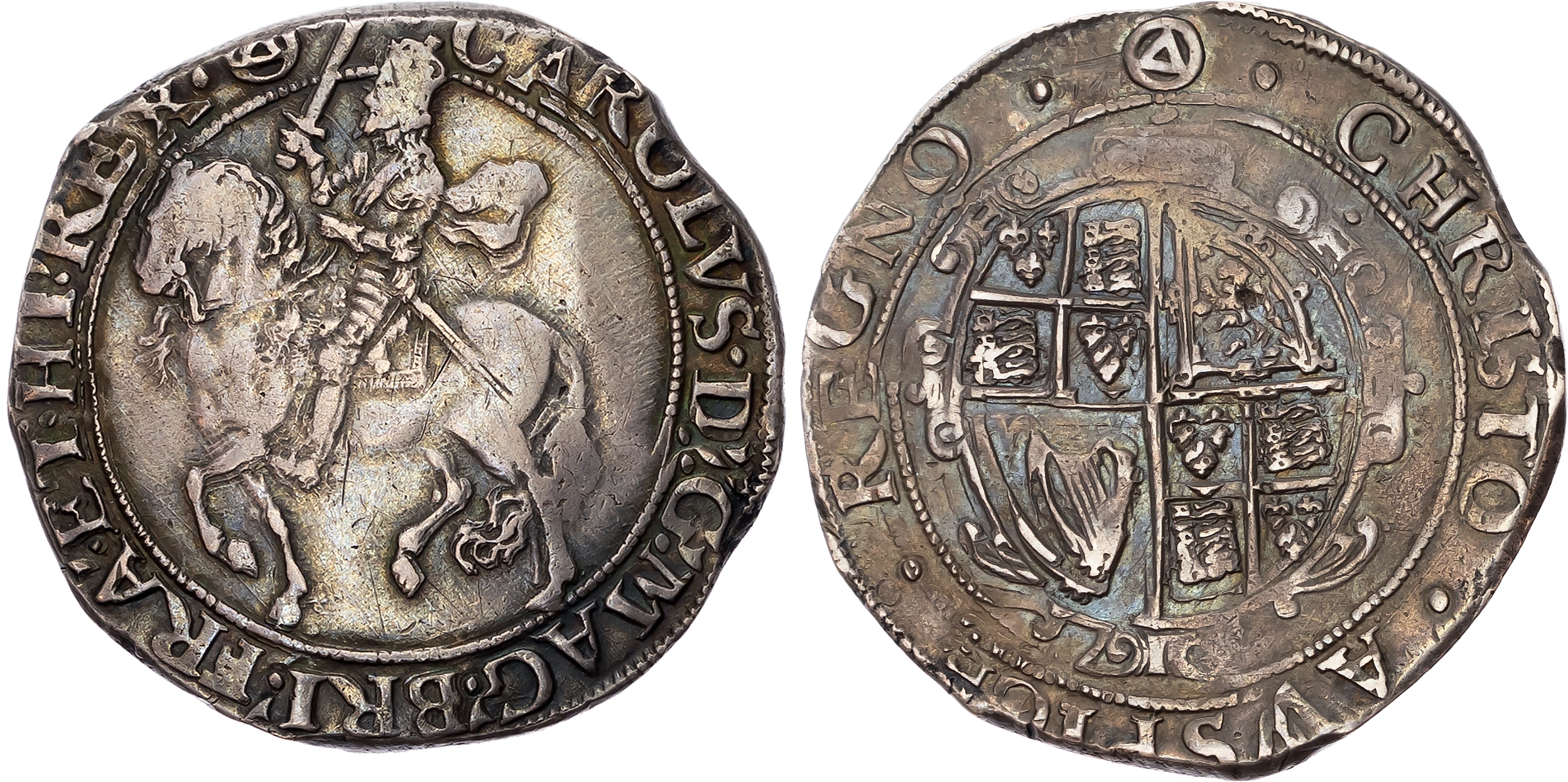 Charles I (1625-1649), AR Halfcrown, Tower mint, Gp IV, 4th. horseman, type 4, mm : Triangle-in-Circle - 1641-1643. Char…