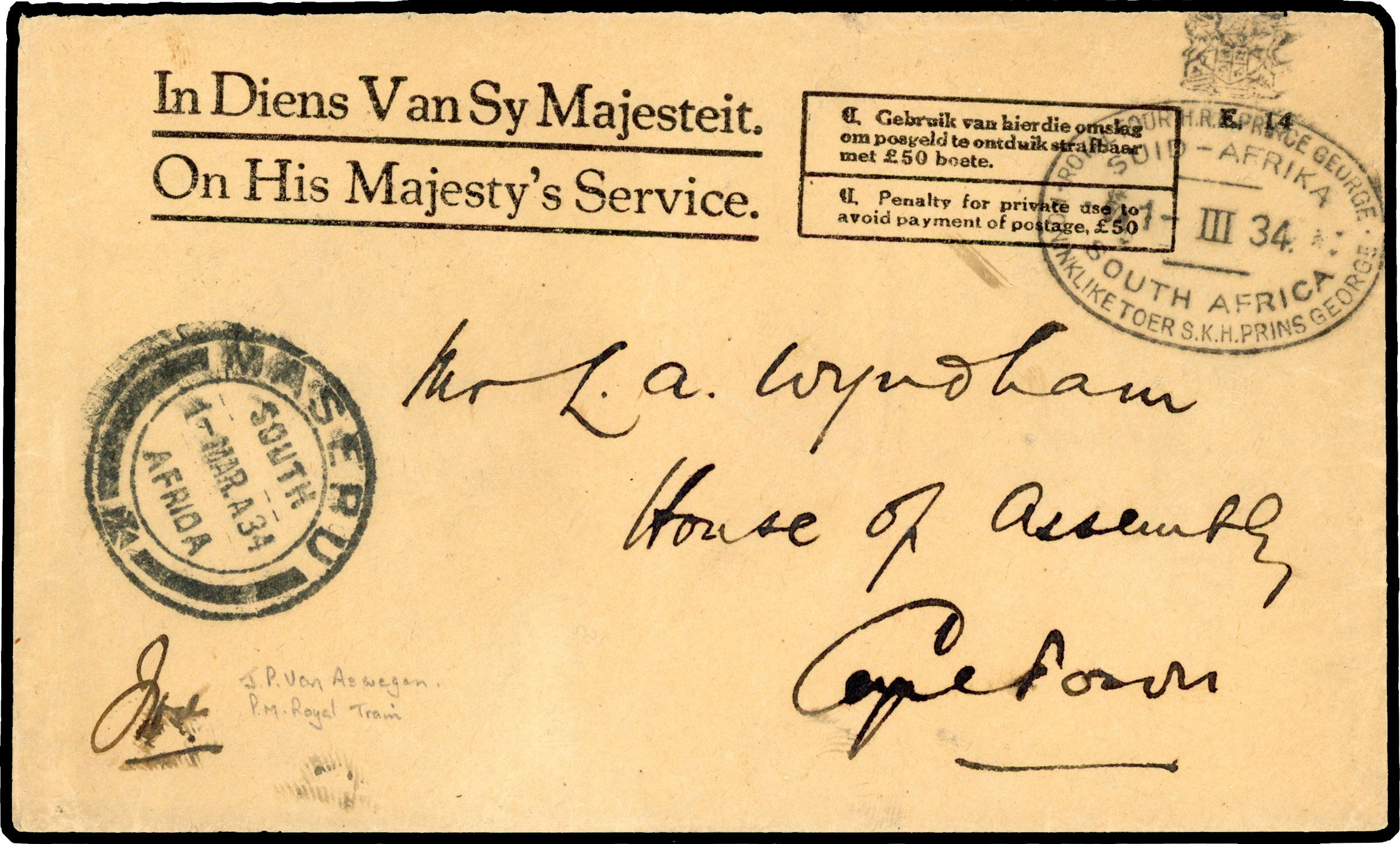 BASUTOLAND: 1934 ‘Royal Visit’ stampless OHMS cover from Maseru to Cape Town with ‘Royal Tour’ datestamp '1 MAR 34' used