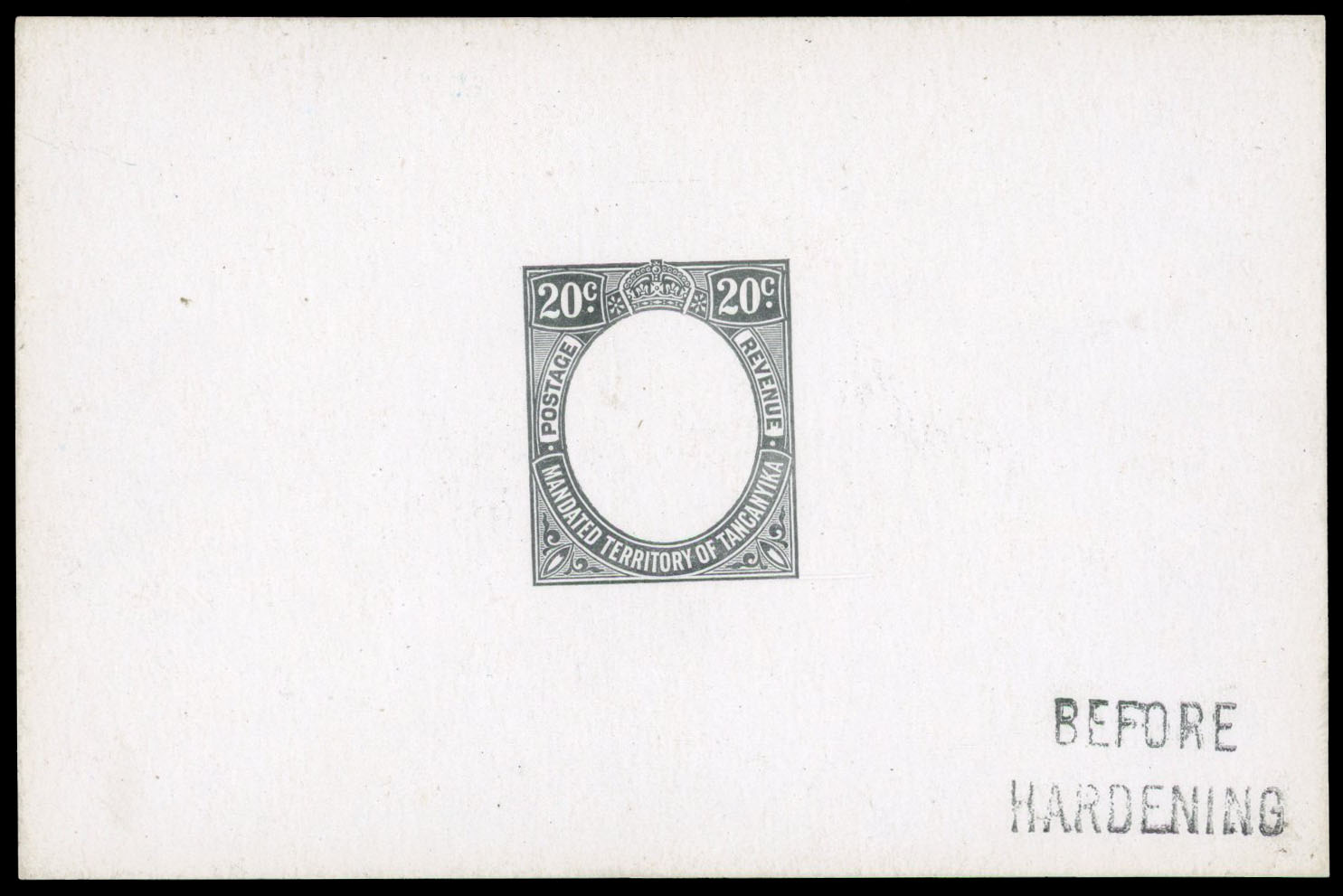 191927-31 20c De La Rue frame die proof in black on glazed card, undated, endorsed “BEFORE HARDENING” in black