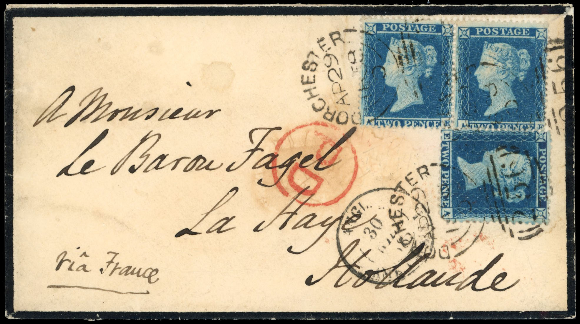 GB 1858 2d blue Plate 4 pair used with Plate 5 on cover