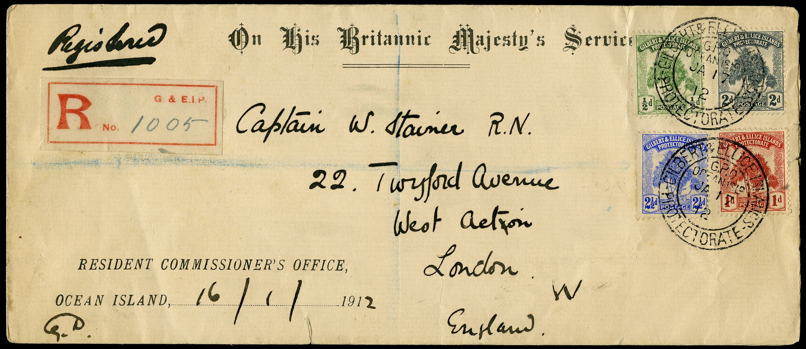 GILBERT & ELLICE ISLANDS 1912 REGISTERED OHMS COVER