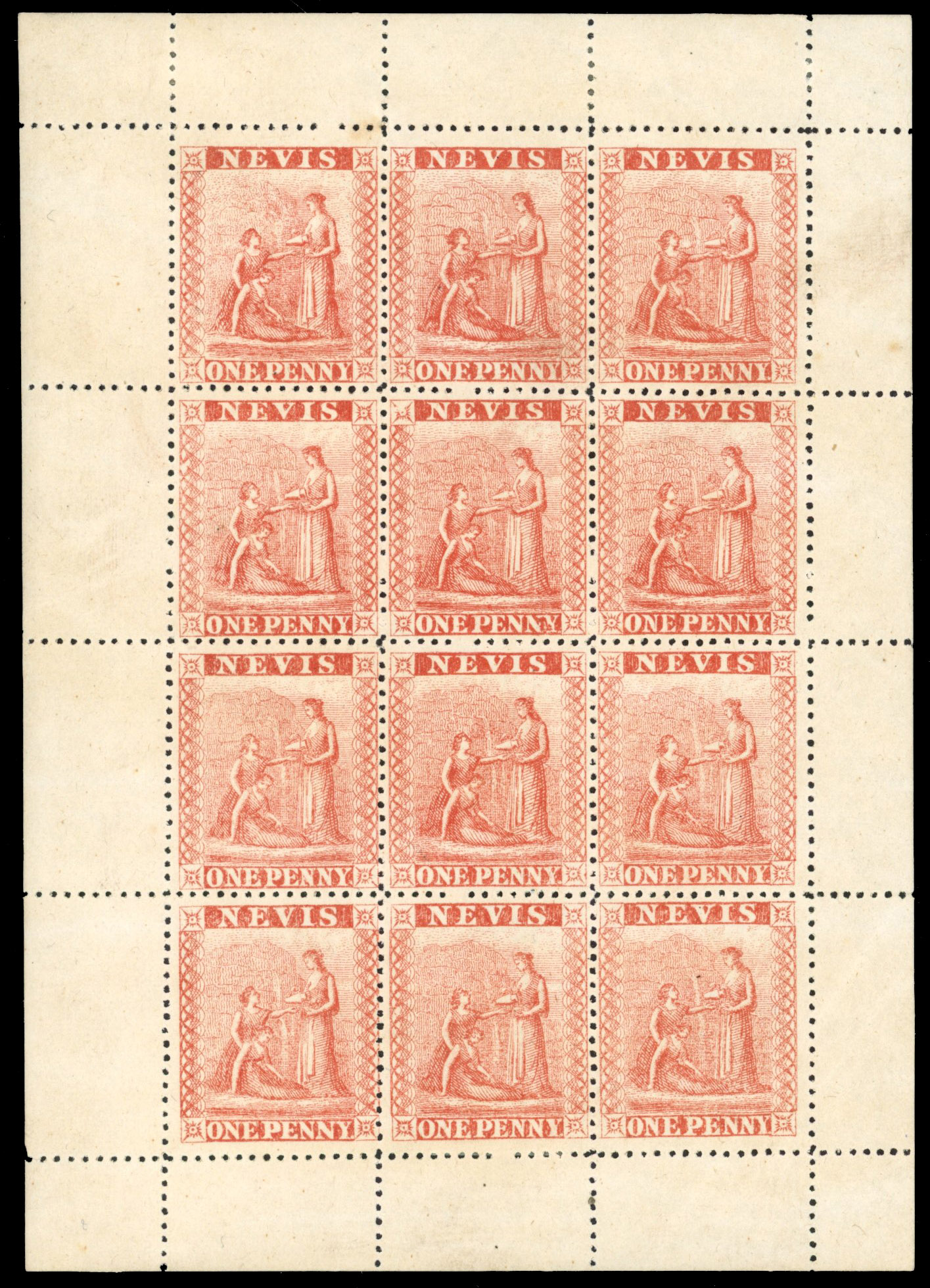 Nevis 1871-78 1d pale rose-red, complete sheet of 12, SG 15