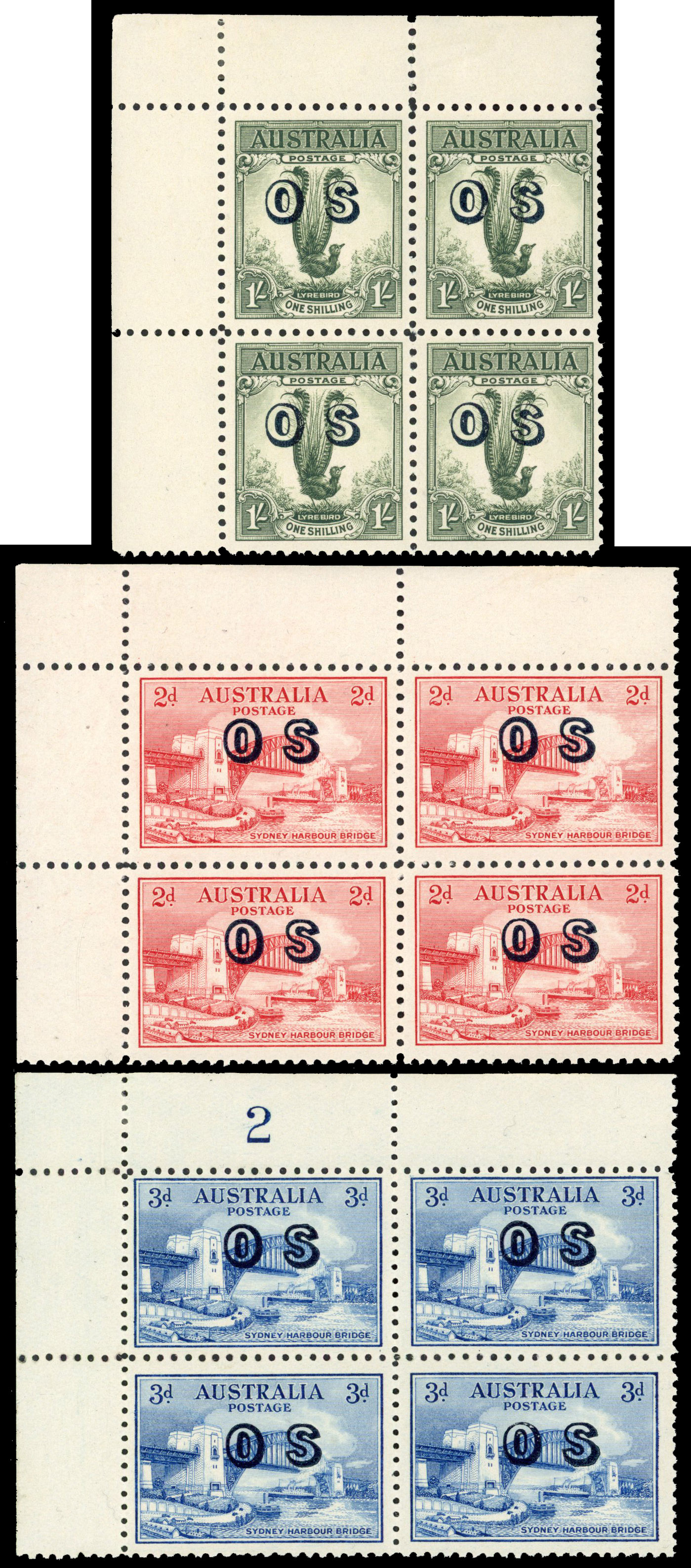 Australia SG O134/35, O136 1932-33 Sydney Bridge and Lyrebird 1s OS blocks of 4 unmounted mint