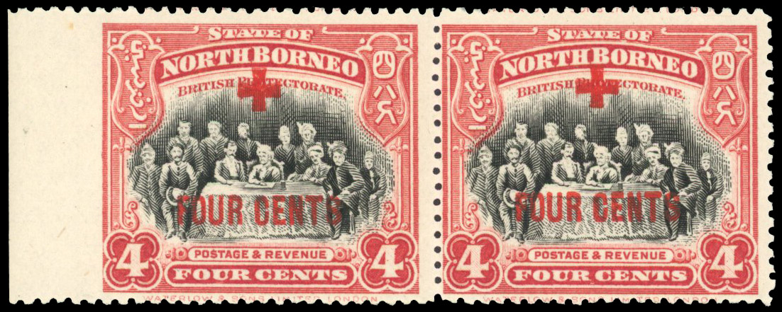 North Borneo 1918 Red Cross 4c+4c error imperf between stamp and margin