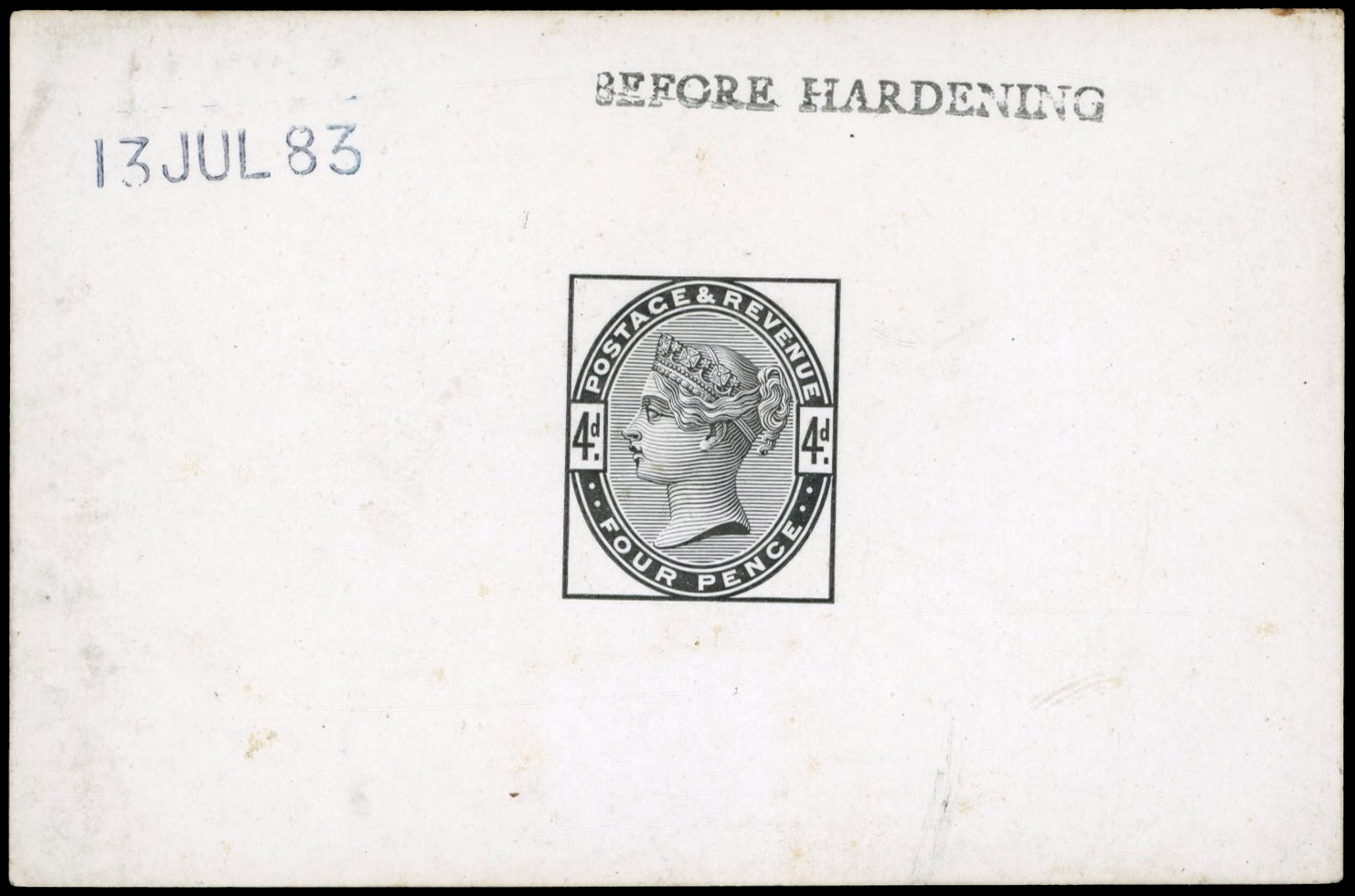 GB 1883-84 4d die proof, printed in black on white glazed card, For SG 192