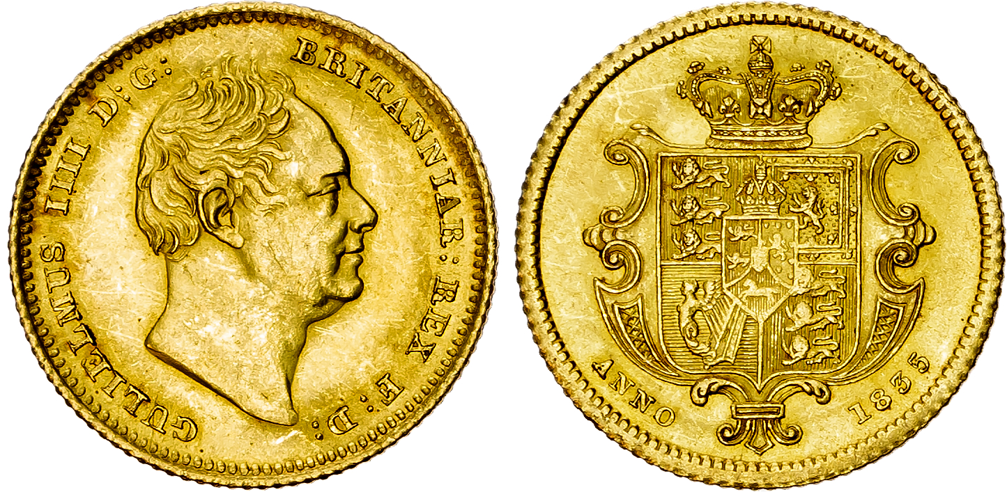 William IV (1830-1837), Half-Sovereign, 1835, Bare head right, rev. crowned shield in mantle, (Marsh 411; MCE 496; S.383…