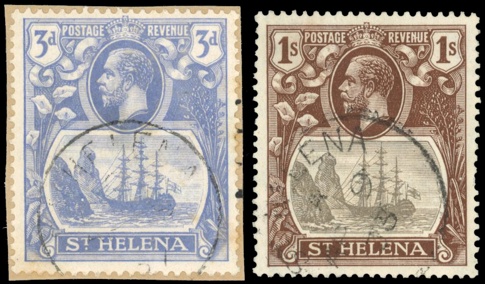 St Helena SG 101a, 106a 1922 3d and 1s broken mast used