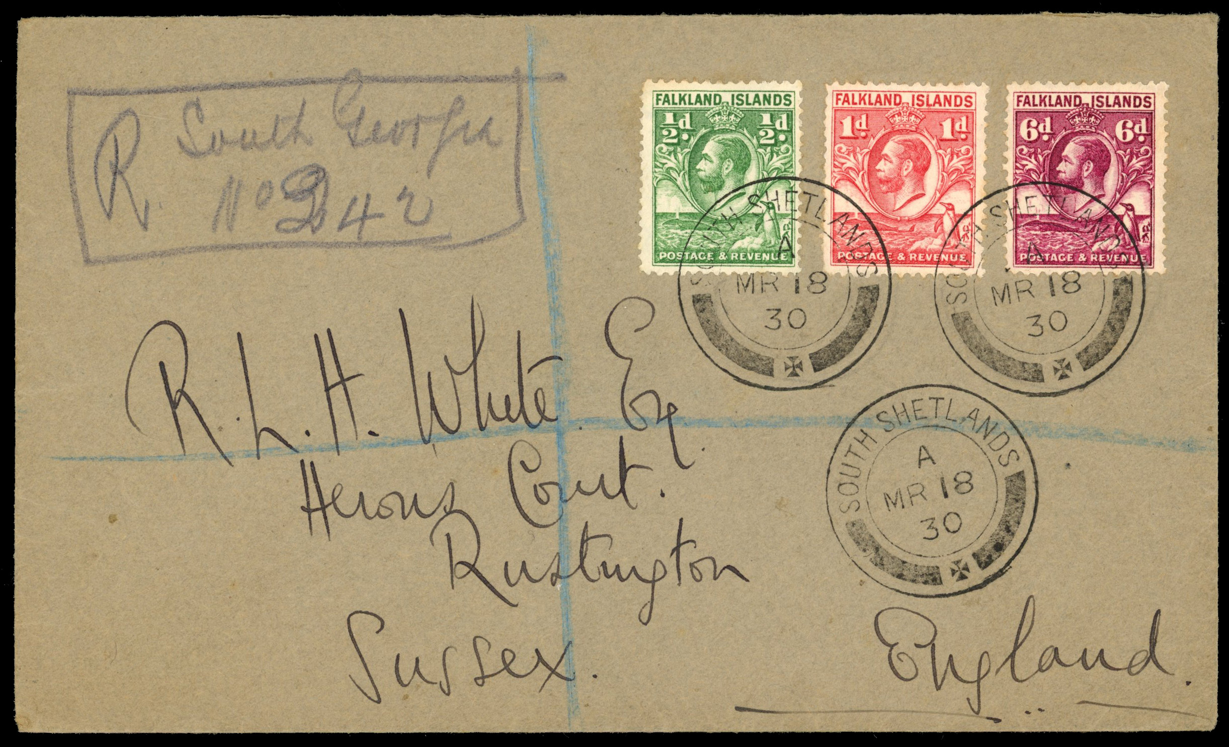 Falkland Islands Dependencies 1930 registered South Shetlands cover to England