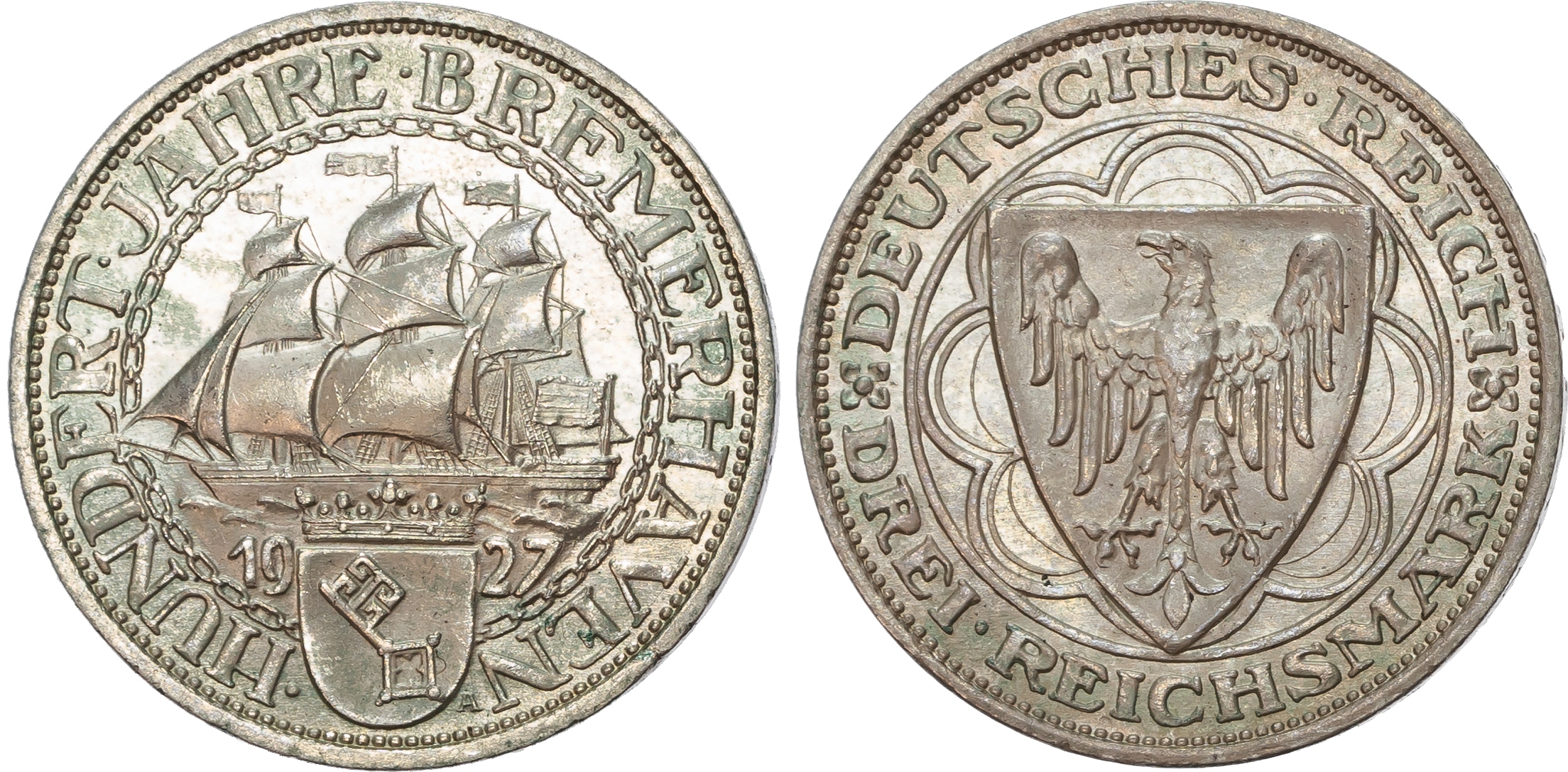 Germany, Weimar Republic (1913-1933), 100th Anniversary of the Bremerhaven, silver 3 Reichsmark.