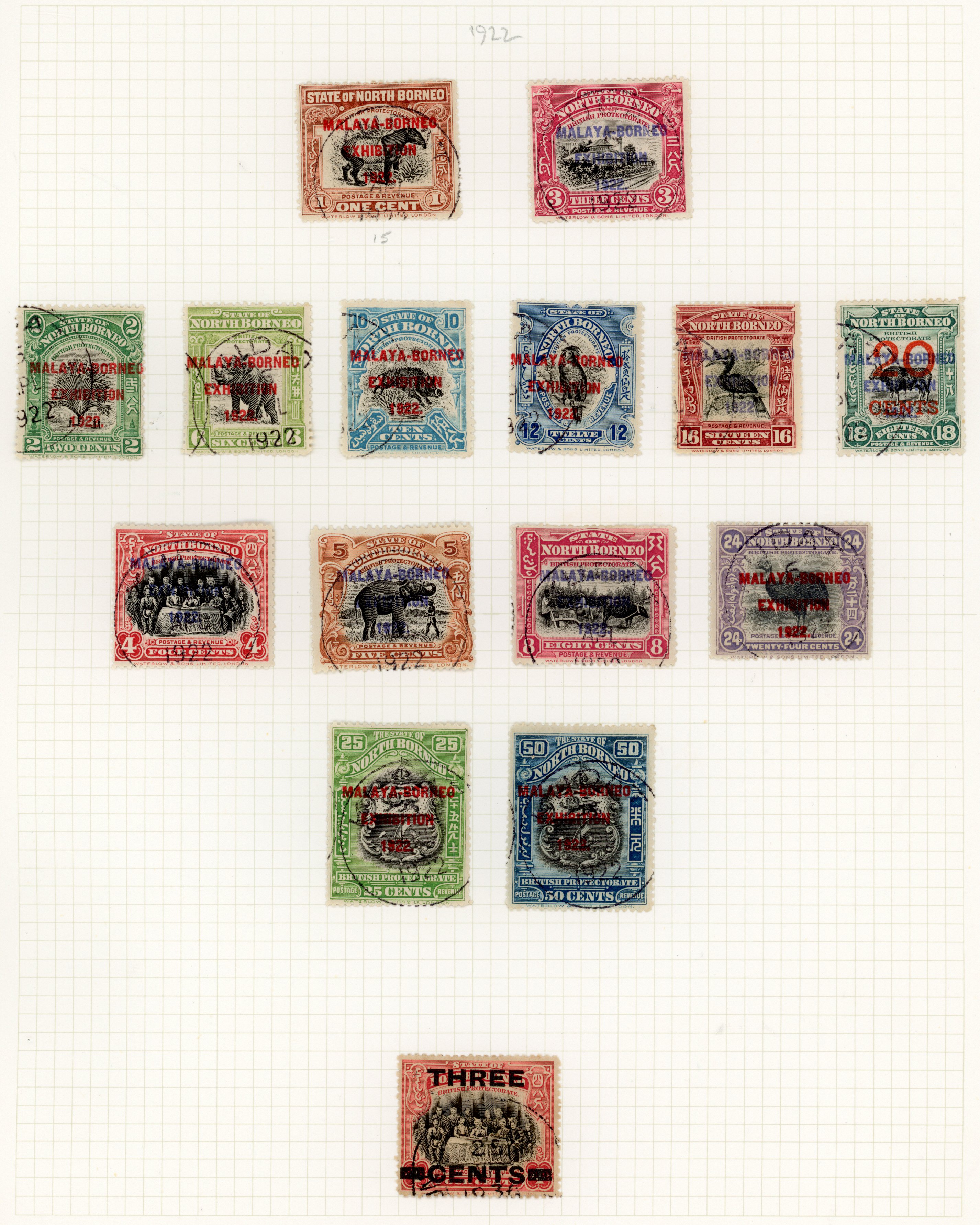 NORTH BORNEO: 1922 Malaya-Borneo Exhibition to 50c, displayed on albums leaves includes mint used and overprinted “SPECIMEN”