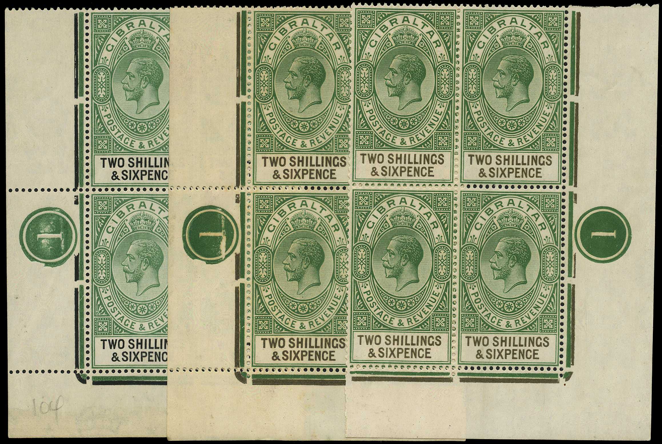 1925 2/6d green and black lower three...