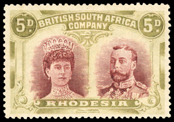 † 5d lake-brown and yellow-olive perf 15 RSC C, position 25 mint