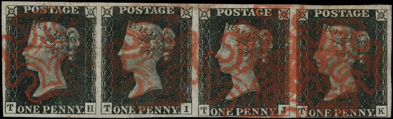 1840 1d Black Pl.1b. (TH-TK). Used close to large four margin horizontal strip of four