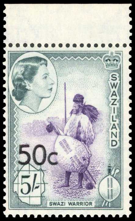 SWAZILAND: 1961 50c on 5s surcharge type III, top marginal example hinged only in the margin. Fine unmounted o.g. SG 75b