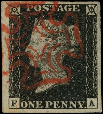 1840 1d black, plate 2 (FA), large to huge margins, cancelled
