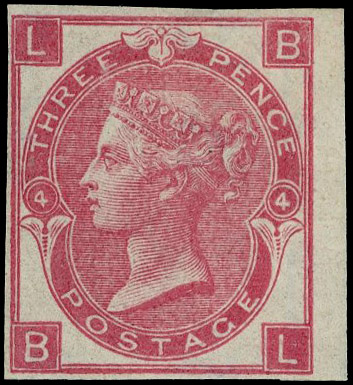 1865 3d Rose Pl.4 (Wmk. Emblems). Very fine unused imperforate imprimatur lettered BL. Scarce one of only 24 possible ex…