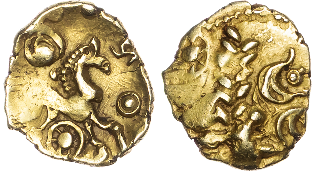 Atrebates and Regini, Uninscribed (c. 60-20 BC) AV ¼ Stater ‘Essex Wheels’ type, 1.34g.