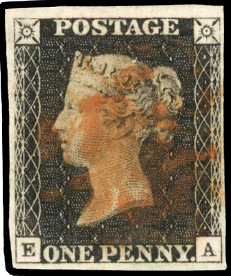 GB: 1840 1d black, Plate 8, (EA), four margins, smudged red MC SG 2