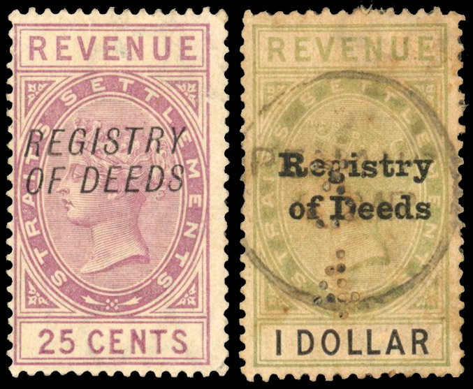 Straits Registry of Deeds 1880s 25c mint and $1 used