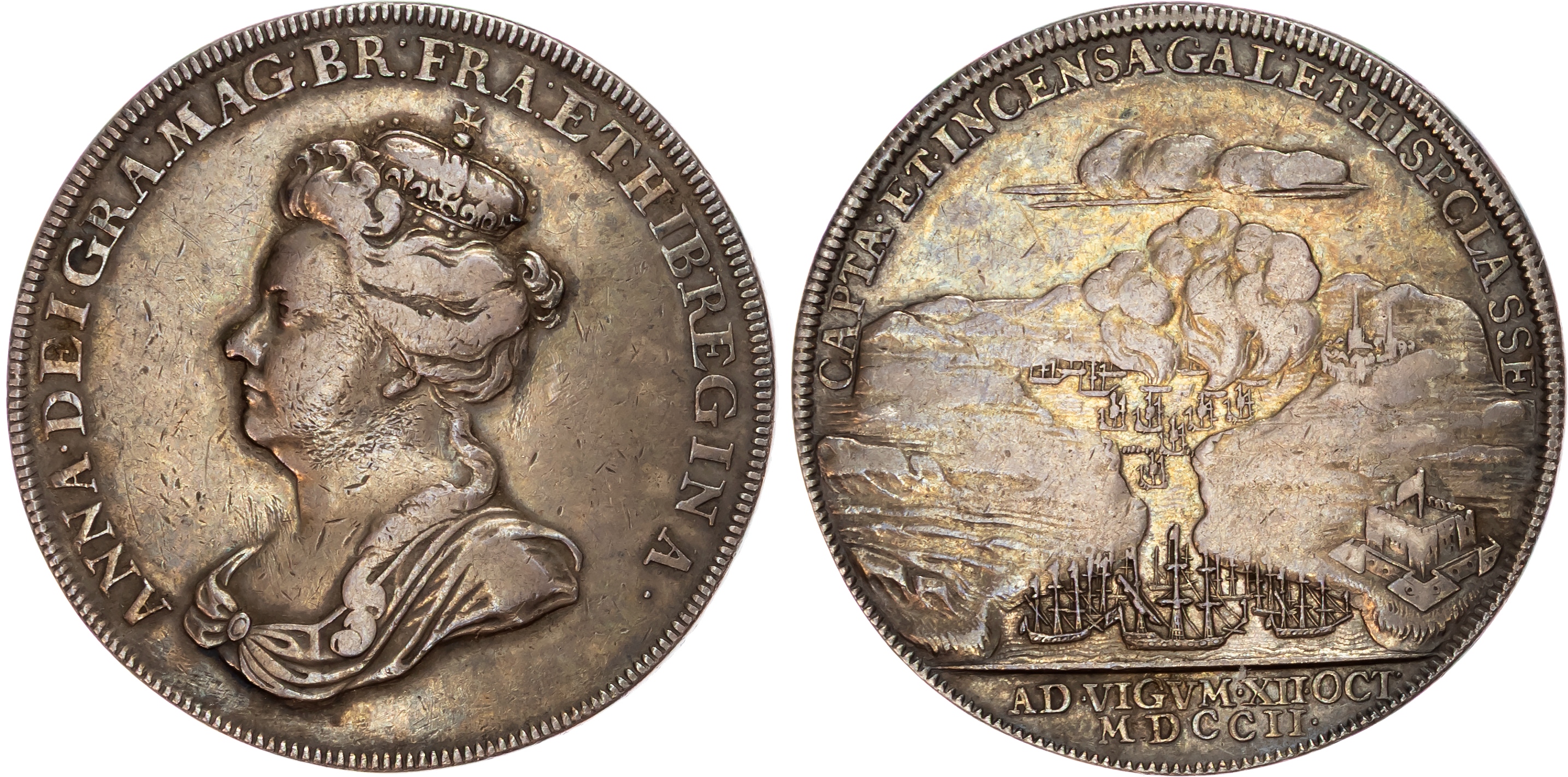 Expedition to Vigo Bay 1702, AR medal 1702, unsigned but by J. Croker.