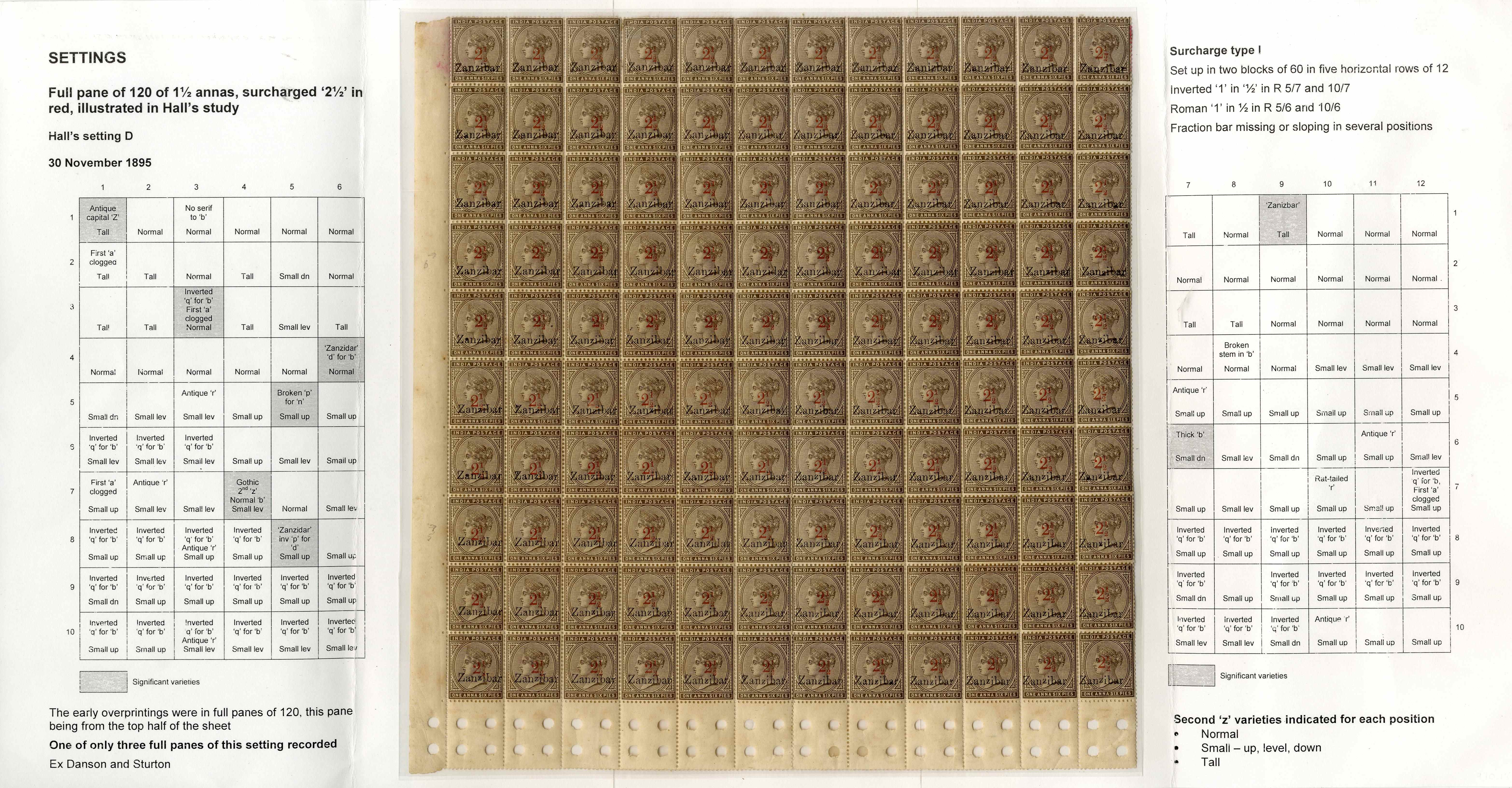 ZANZIBAR SG 22/22j/22k 1895 2½ ON 1½a SEPIA PANE OF 120 O.G.