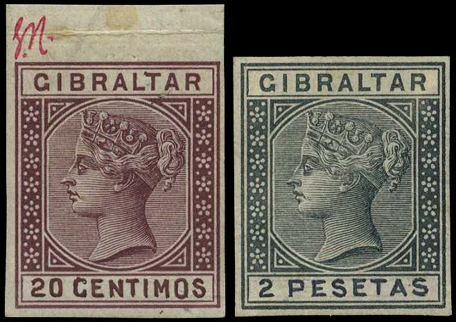 1895 20c and 2p imperforate, colour trial...