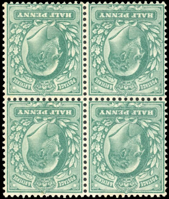 GB SG 215wi 1902 ½d dull blue-green with inverted watermark block mint