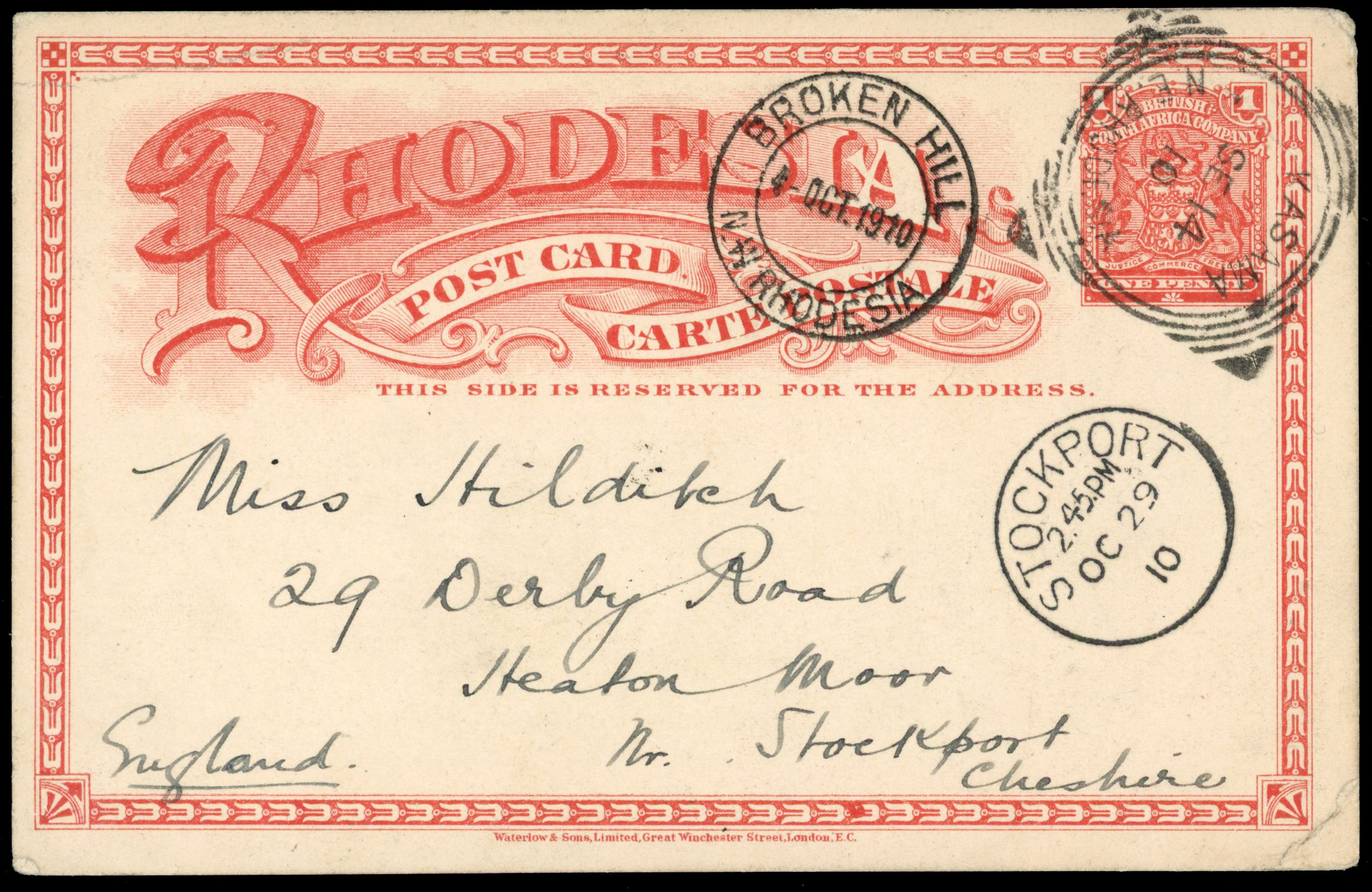 Rhodesia 1910 postal stationery card with Kasama squared circle cancel
