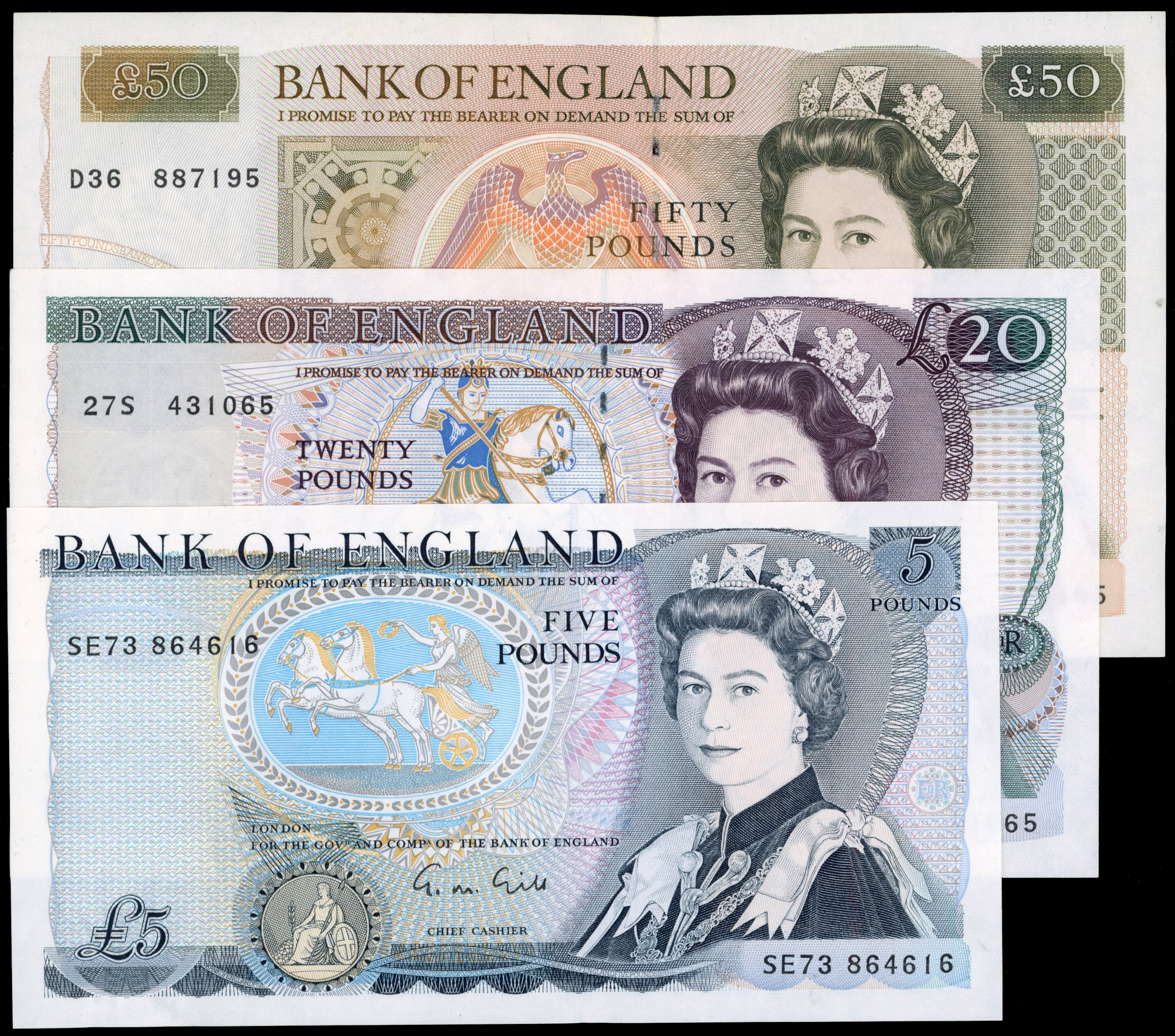 Bank of England, G M Gill, Five Pounds, Wellington, SE73 864616, (Dugg. B353); Twenty Pounds, Shakespeare, 27S…
