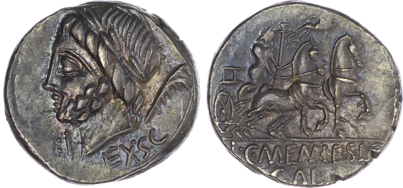 L. and C. Memmius L. f. Galeria (87 BC) AR Denarius, Rome, 4.03g. EX SC, laureate head of Saturn facing left, harpa behind.