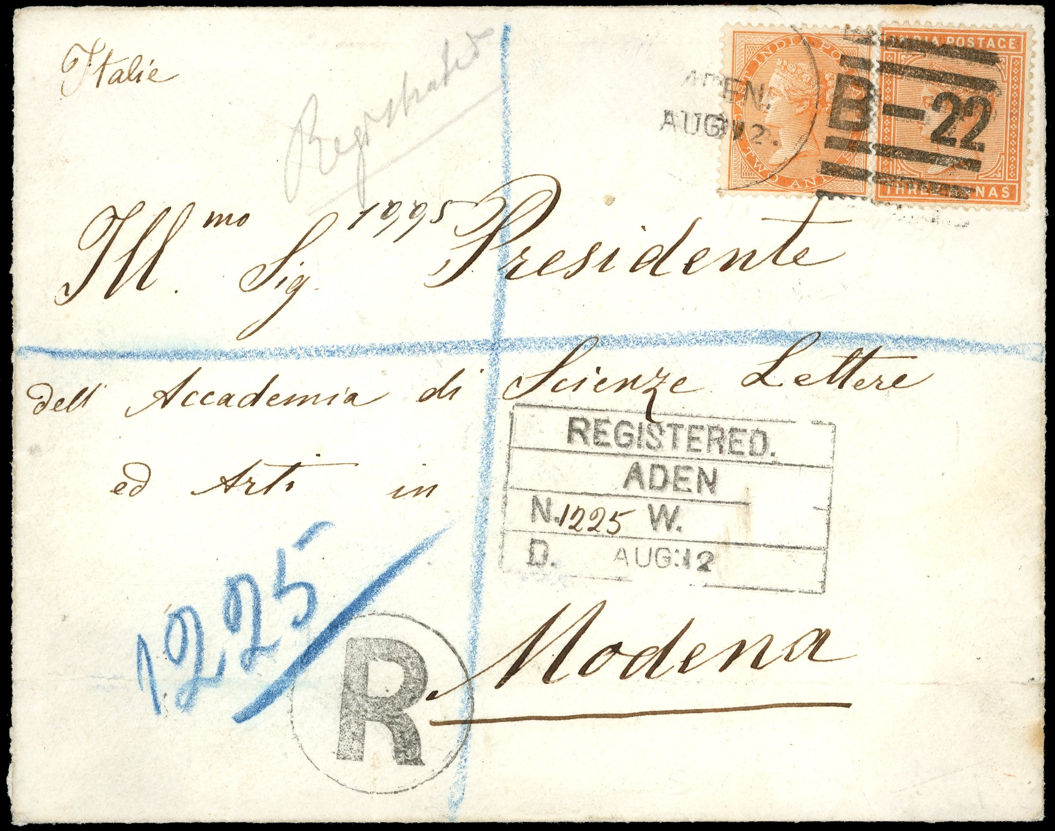 ADEN: 1884 registered cover to Modena with "2a and 3a tied Aden B-22 duplex ‘AUG 12’,