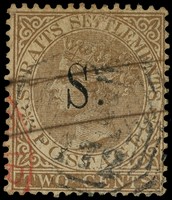 1882 2c brown overprinted 'S'.  A very good used example cancelled by B172 obliterator, small part red transit CDS and two...