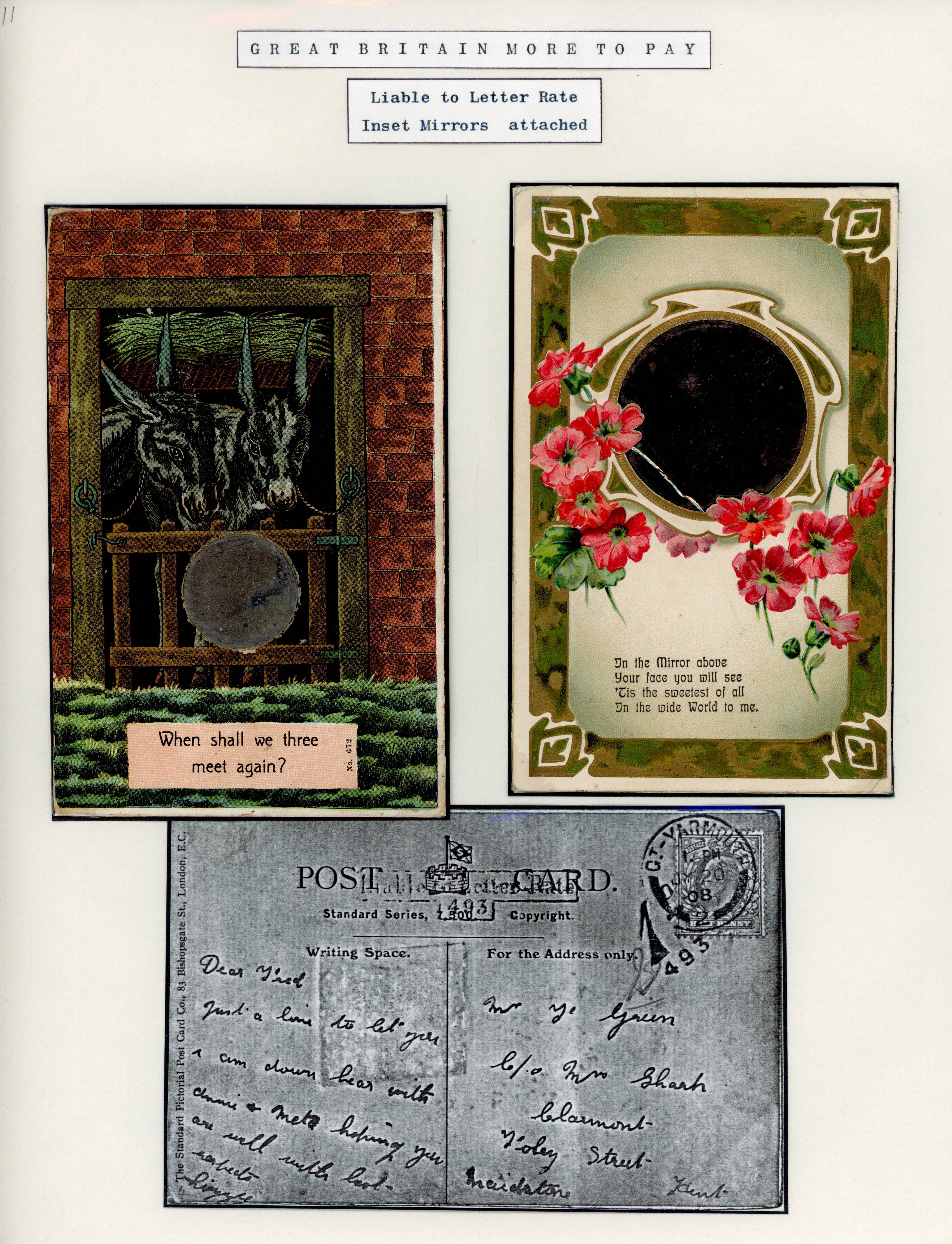 Great Britain 1906-08 pair of novelty postcards with inset mirror attached