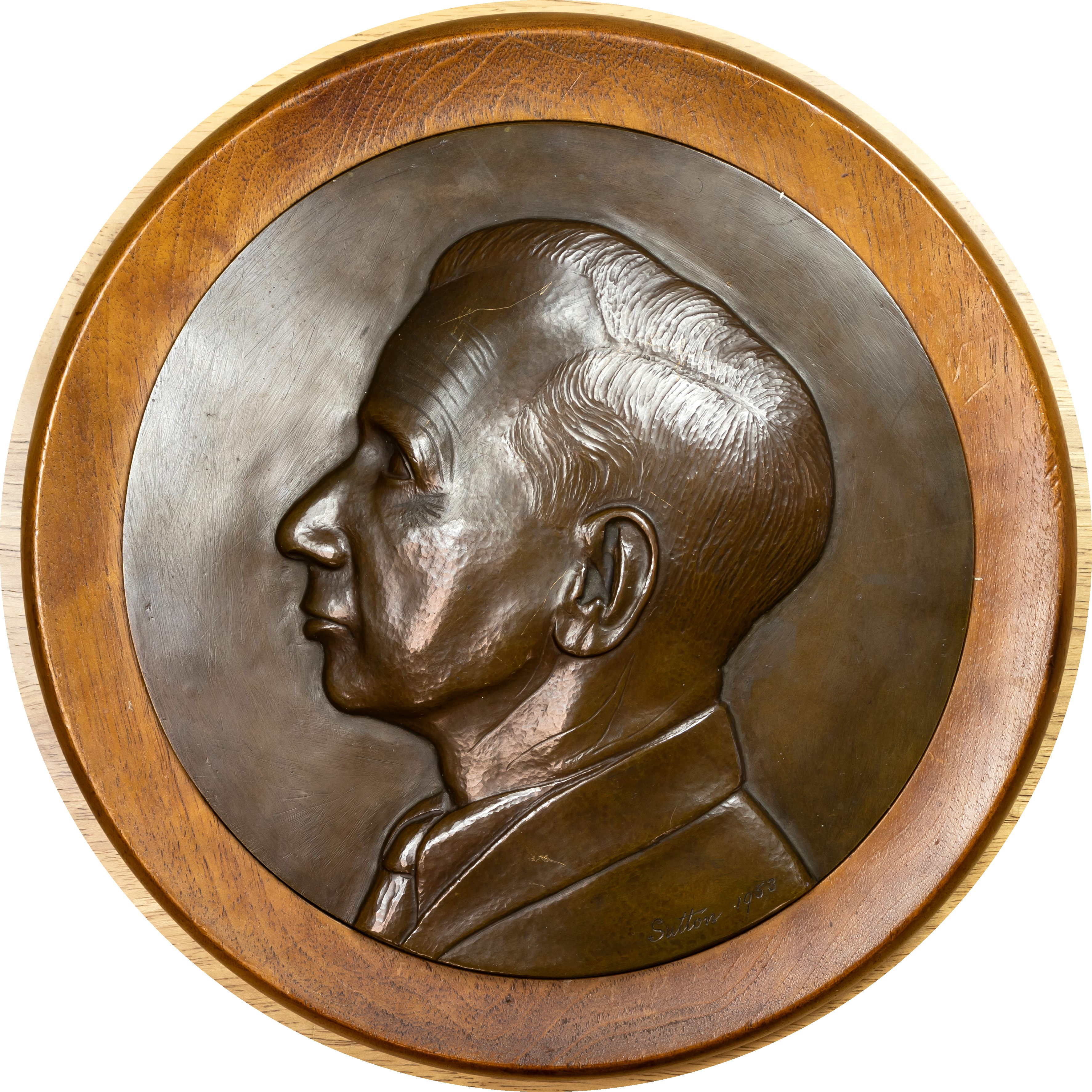 Profile of a gentlemen, 1953, Large Uniface Bronze Medallion by Sutton