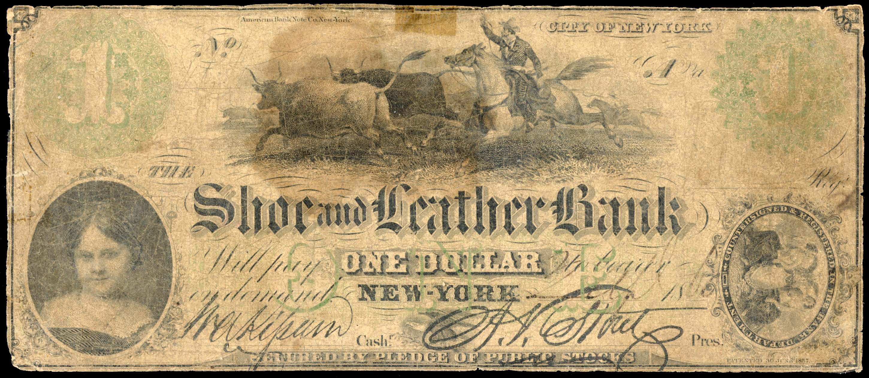 USA, NY. New York, Shoe and Leather Bank, Uniface One Dollar, 1 Apr. 1855. Approaching Fine. Rare.…