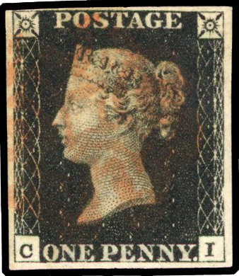 GB: 1840 1d black, Plate 6 (CI) four margins, light, red MC SG 2