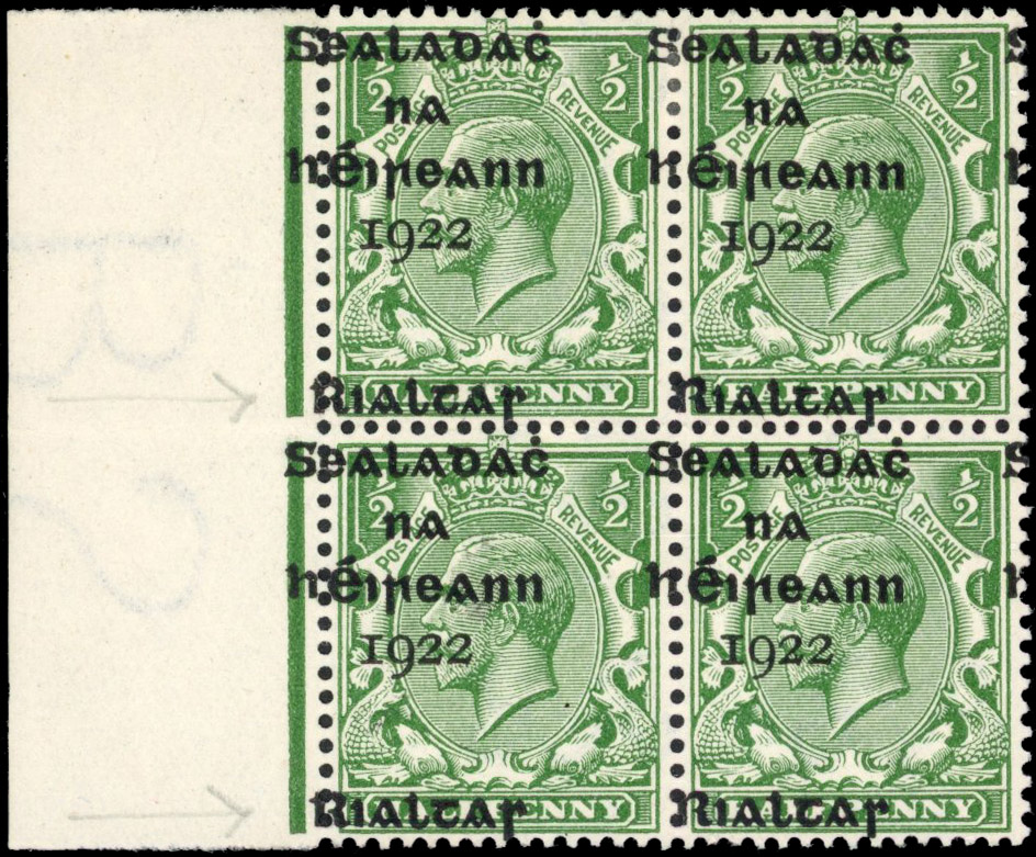 Ireland 1922 Dollard ½d green marginal block 4 misplaced overprint