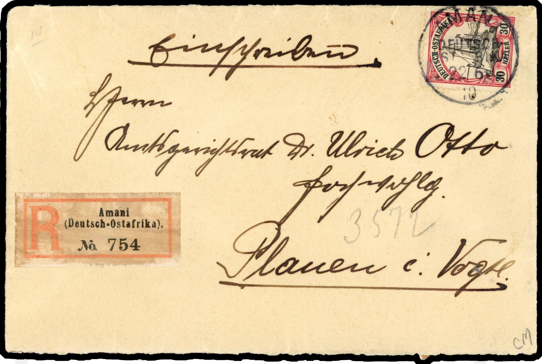 1910 registered cover to Germany franked 30h to pay registered rate tied ‘AMANI/22 6 10’ cds. Moved to R20001688/7