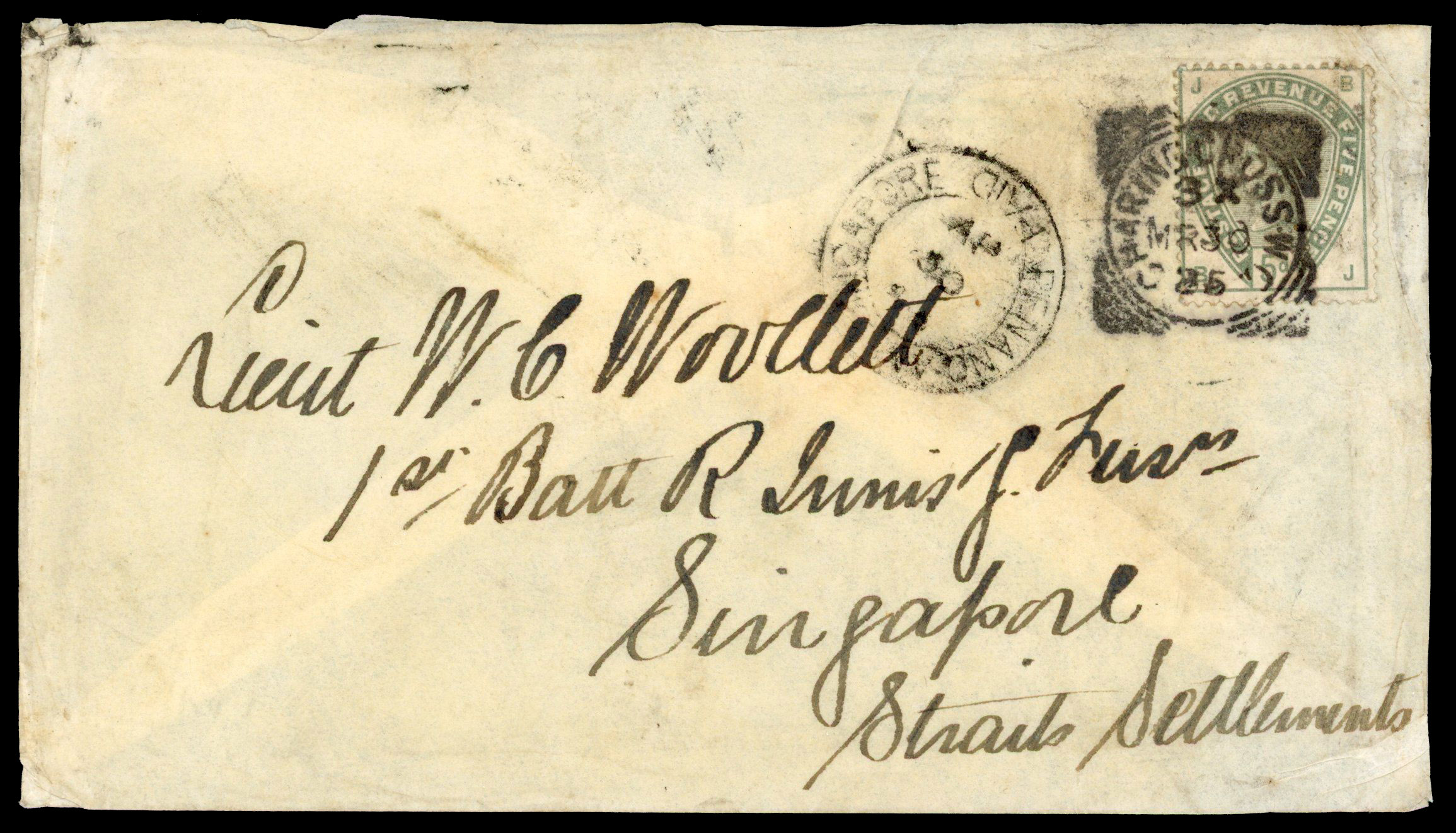 POSTAL HISTORY: 1885 incoming envelope from England bearing 1883 5d green tied by Charing Cross squared circle