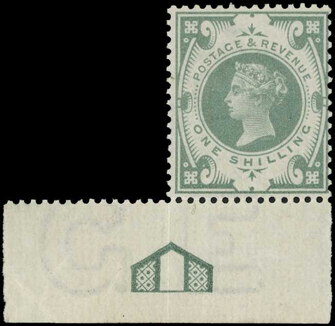 1887 1/- green lower marginal example...