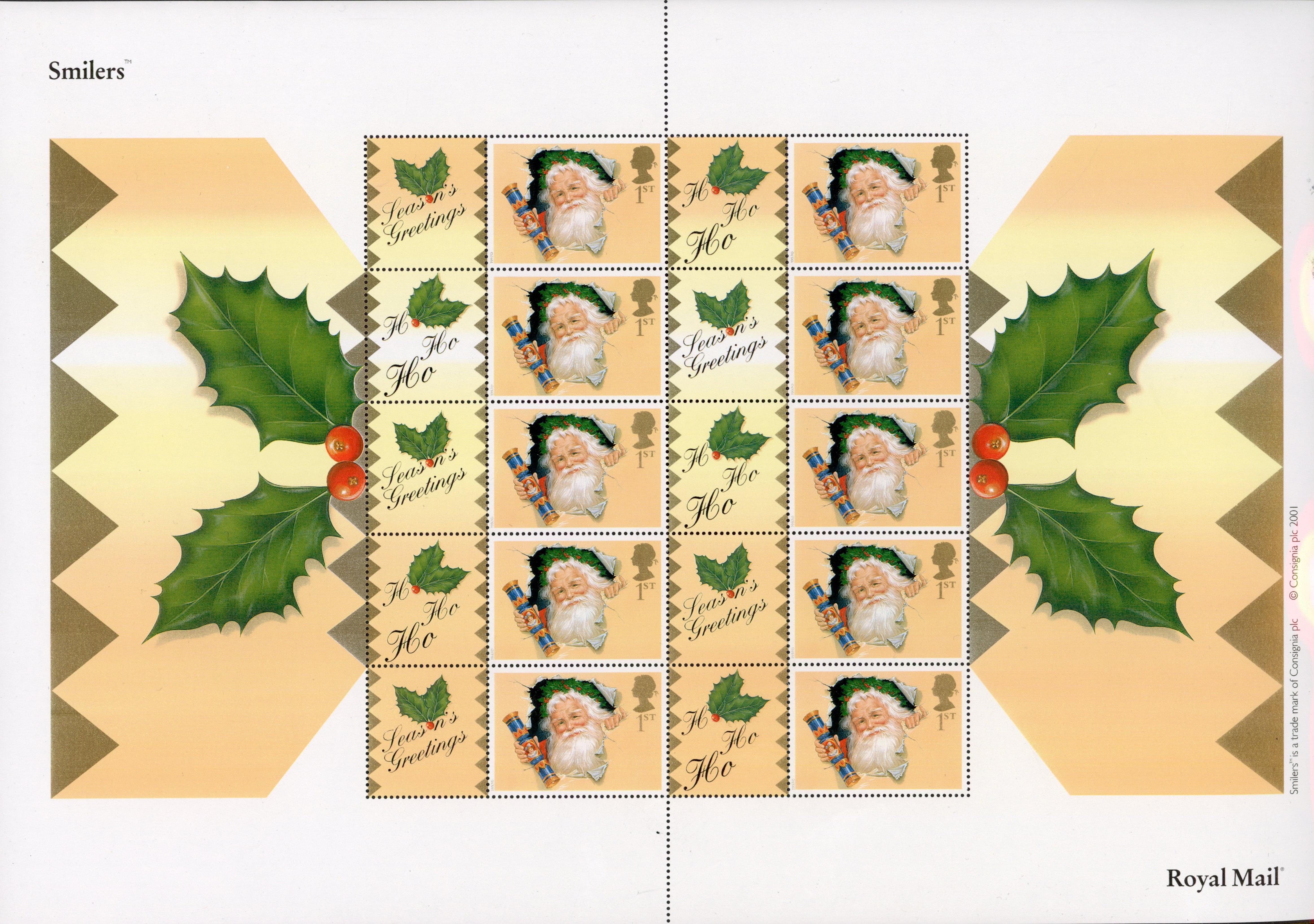 2001 Christmas 20x19p Robin and 20x1st Father Christmas pair of Smilers sheets with the ‘Consignia’ imprint, fine unmounted 